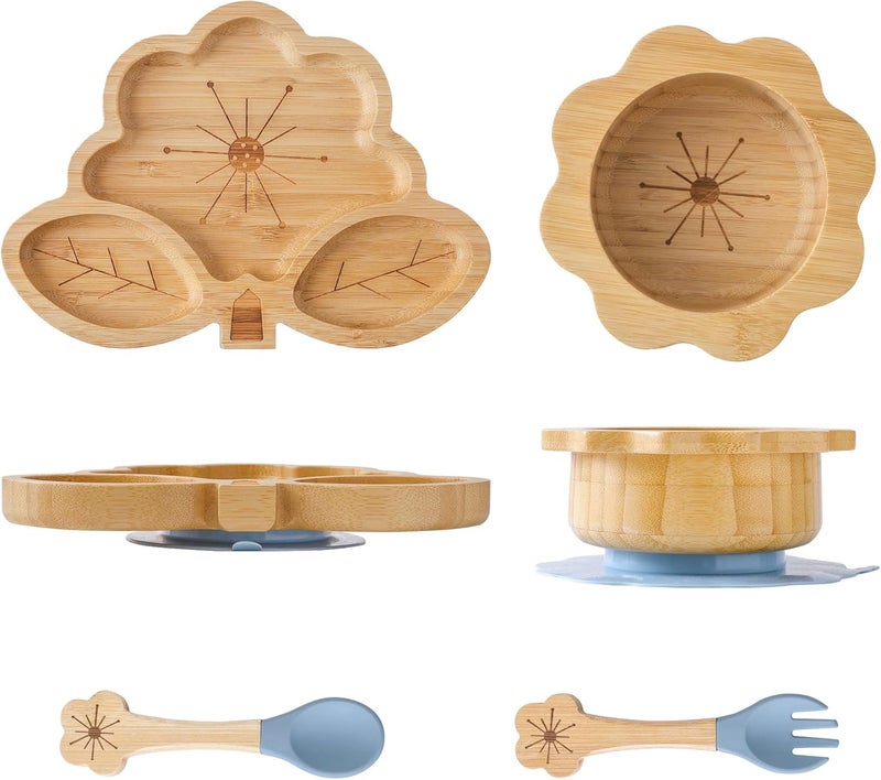 MingHoYo Bamboo Suction Plates Bowls Set for Baby Toddler - Includes Bamboo Bowl, Divided Plate, Silicone Fork & Spoon, All-Natural Baby Feeding Set for Baby-Led Weaning - Image 1